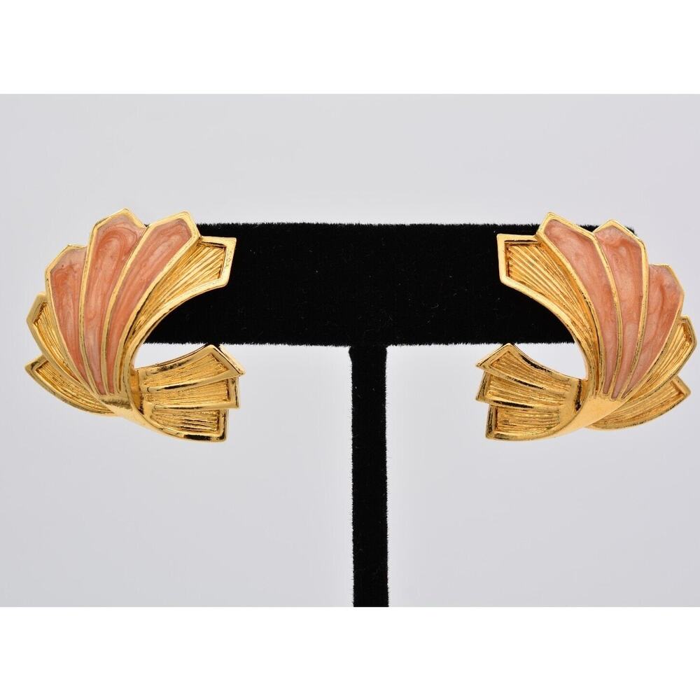 Avon Vintage Earrings Blush Pink Enamel Gold Tone Heavy Chunky Retro 1990s Bin7
